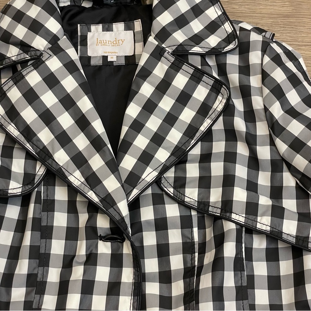 Laundry by Shelli Segal Black & White Gingham Check Plaid Belted Trench Coat - Picture 7 of 16